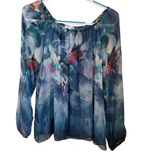 Tempo Paris Silk Blend Floral Blouse Size M Fairy Wearable Art Blue Feminine